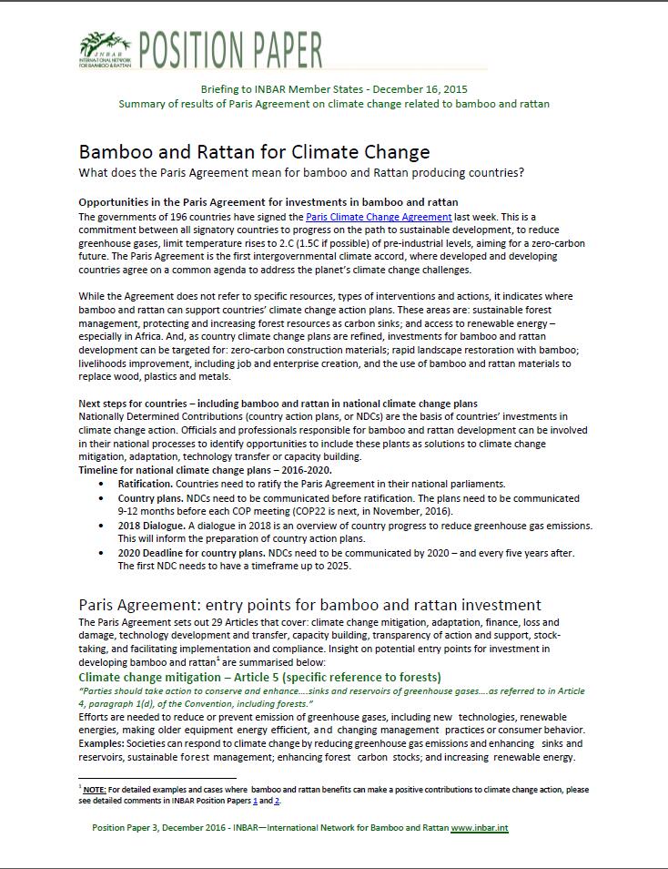 INBAR Position Paper – Bamboo and Rattan for Climate Change