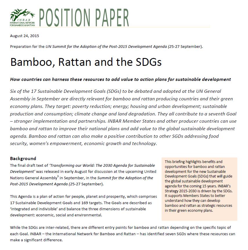 INBAR Position Paper – Bamboo, Rattan and the SDGs